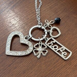Silver Charm Necklace with Heart and Hope Pendant